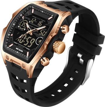 Findtime Men's Watch Sport Waterproof Watches Military Square Digital Analog Wrist Watch Unique Fashion Tactical Watches with LED Stopwatch Countdown Alarm Curved Screen